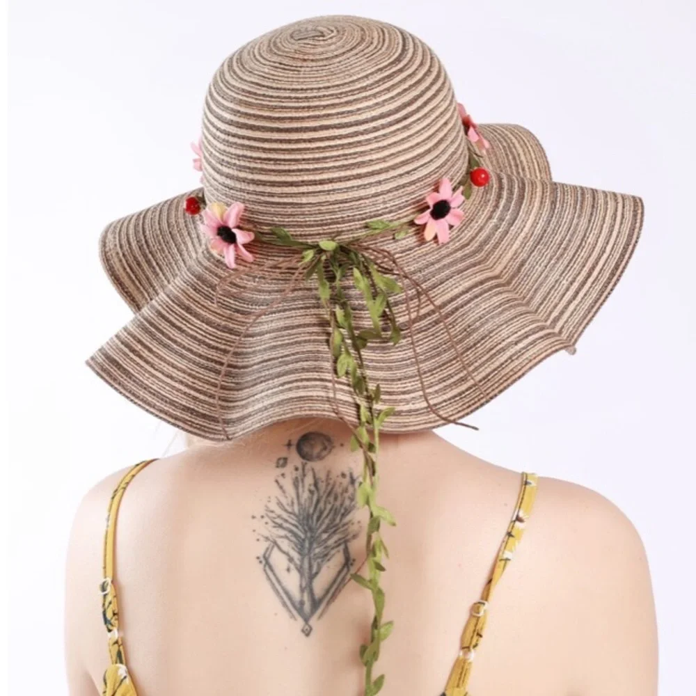 Khaki Boho Flower Pink Decor Floppy Sun Hat